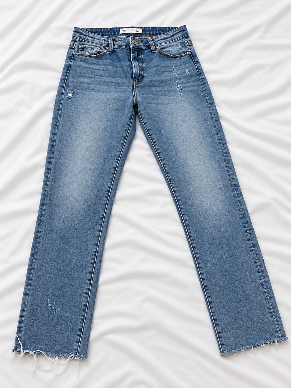 KanCan Medium Light Blue Straight Leg Jeans with Frayed Hem
